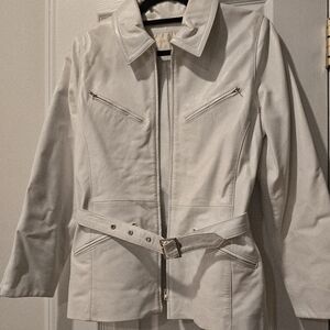 Women's White Belted Leather Jacket